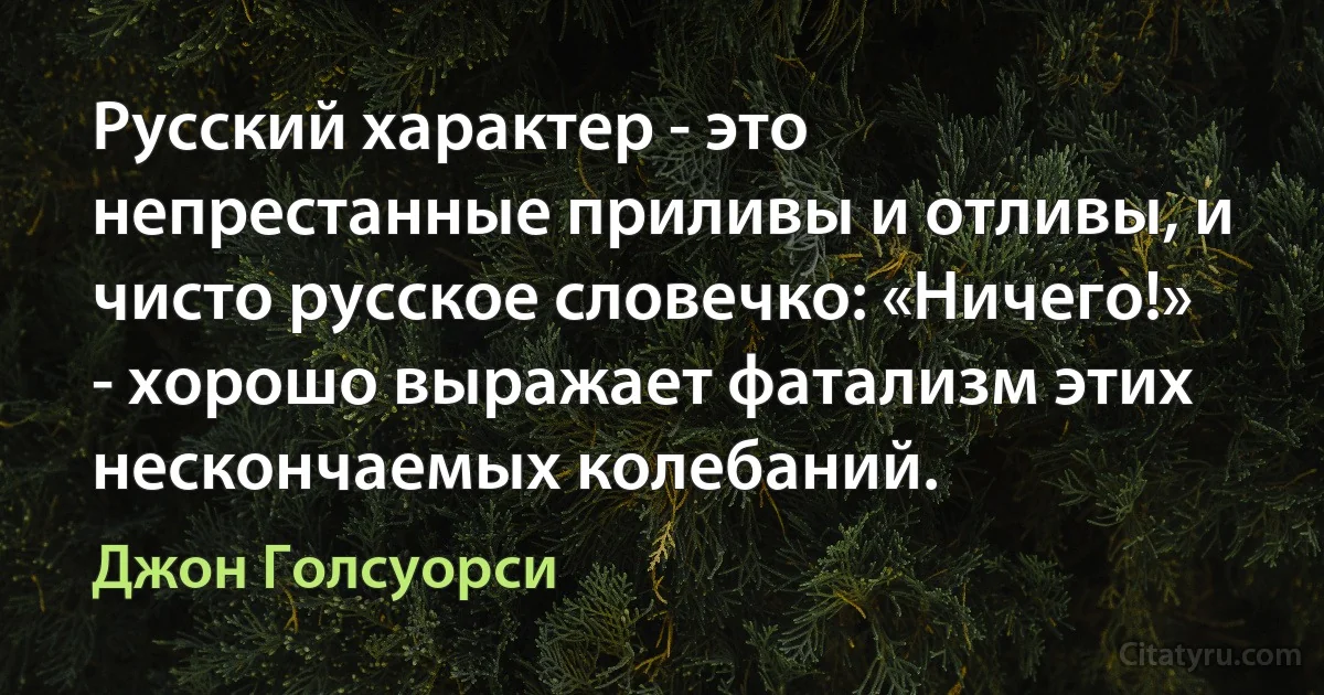 Русский характер - это непрестанные приливы и отливы, и чисто русское словечко: «Ничего!» - хорошо выражает фатализм этих нескончаемых колебаний. (Джон Голсуорси)