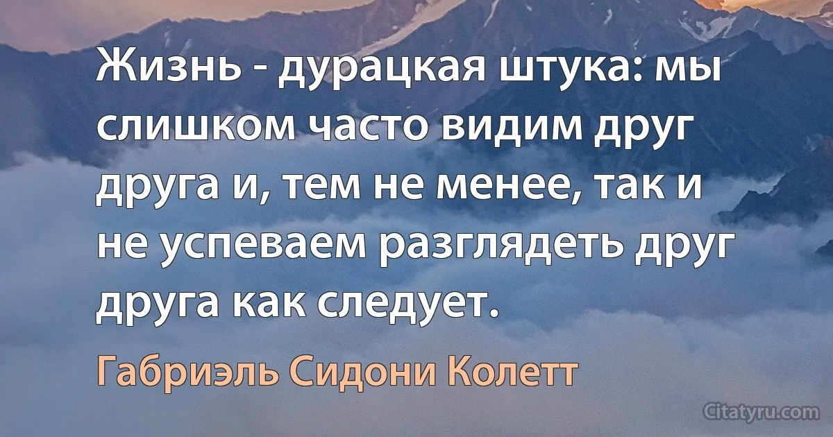 Жизнь - дурацкая штука: мы слишком часто видим друг друга и, тем не менее, так и не успеваем разглядеть друг друга как следует. (Габриэль Сидони Колетт)