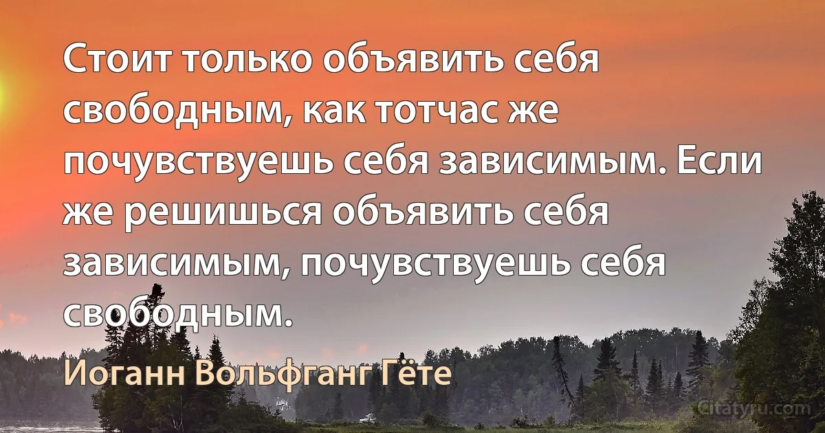 Стоит только объявить себя свободным, как тотчас же почувствуешь себя зависимым. Если же решишься объявить себя зависимым, почувствуешь себя свободным. (Иоганн Вольфганг Гёте)