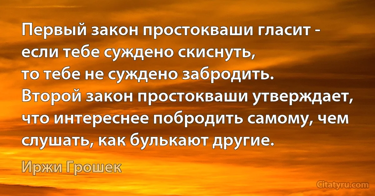 Первый закон простокваши гласит - если тебе суждено скиснуть,
то тебе не суждено забродить.
Второй закон простокваши утверждает, что интереснее побродить самому, чем слушать, как булькают другие. (Иржи Грошек)