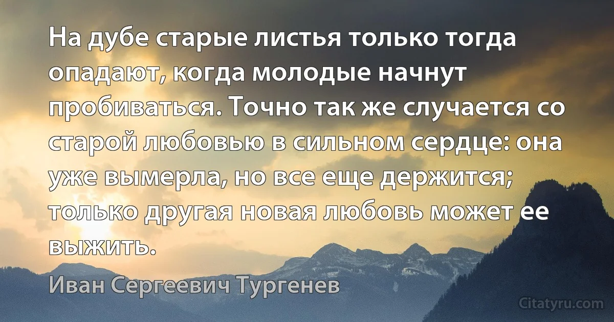 На дубе старые листья только тогда опадают, когда молодые начнут пробиваться. Точно так же случается со старой любовью в сильном сердце: она уже вымерла, но все еще держится; только другая новая любовь может ее выжить. (Иван Сергеевич Тургенев)