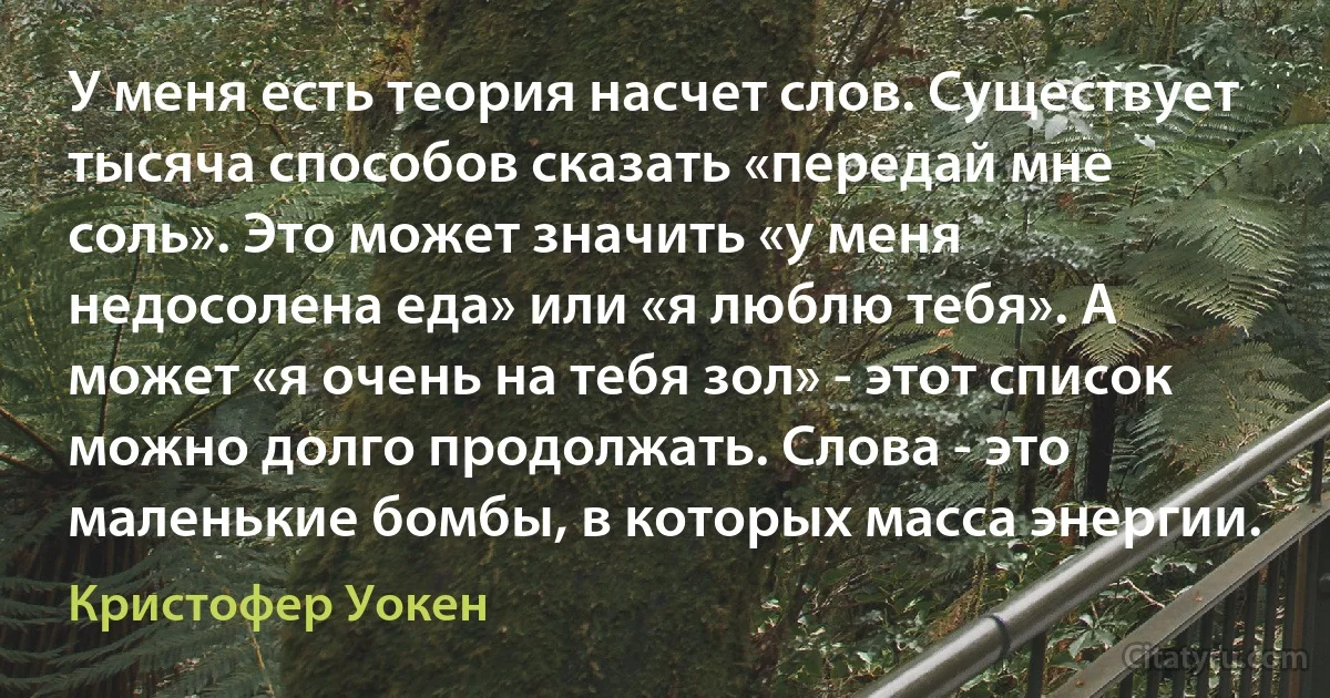 У меня есть теория насчет слов. Существует тысяча способов сказать «передай мне соль». Это может значить «у меня недосолена еда» или «я люблю тебя». А может «я очень на тебя зол» - этот список можно долго продолжать. Слова - это маленькие бомбы, в которых масса энергии. (Кристофер Уокен)