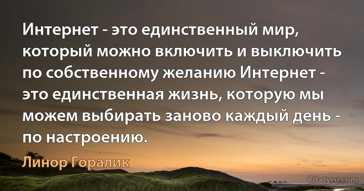 Интернет - это единственный мир, который можно включить и выключить по собственному желанию Интернет - это единственная жизнь, которую мы можем выбирать заново каждый день - по настроению. (Линор Горалик)