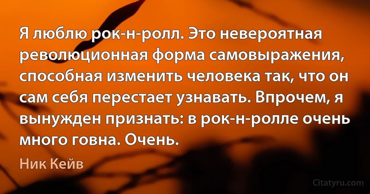 Я люблю рок-н-ролл. Это невероятная революционная форма самовыражения, способная изменить человека так, что он сам себя перестает узнавать. Впрочем, я вынужден признать: в рок-н-ролле очень много говна. Очень. (Ник Кейв)