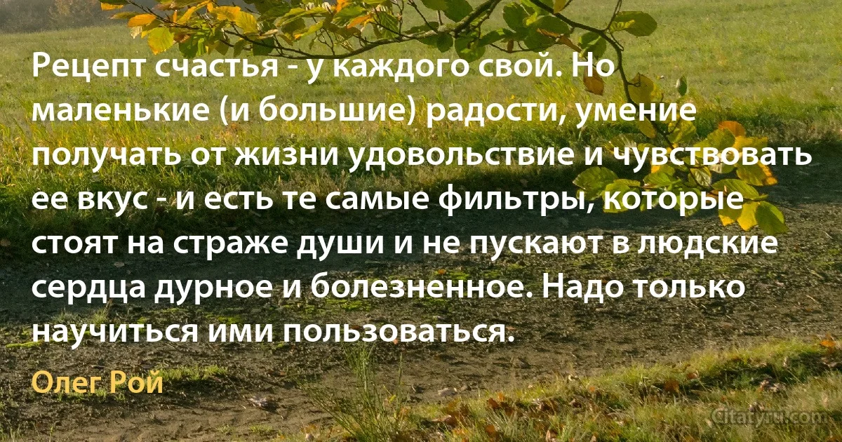 Рецепт счастья - у каждого свой. Но маленькие (и большие) радости, умение получать от жизни удовольствие и чувствовать ее вкус - и есть те самые фильтры, которые стоят на страже души и не пускают в людские сердца дурное и болезненное. Надо только научиться ими пользоваться. (Олег Рой)