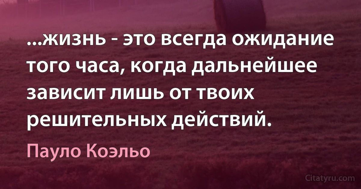 ...жизнь - это всегда ожидание того часа, когда дальнейшее зависит лишь от твоих решительных действий. (Пауло Коэльо)