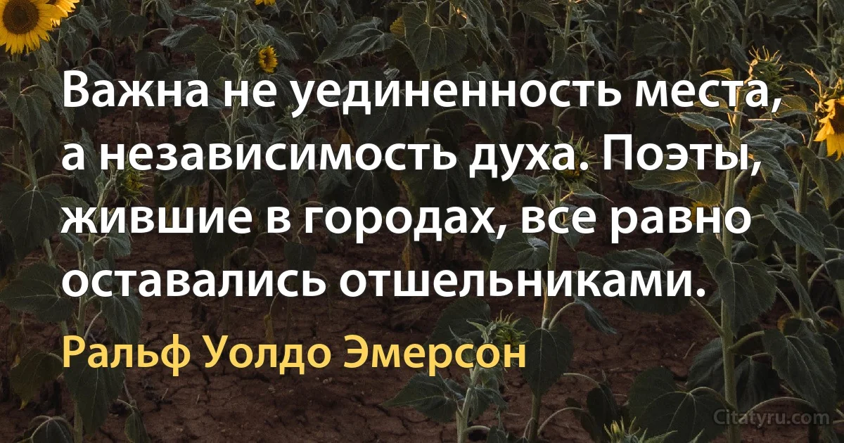 Важна не уединенность места, а независимость духа. Поэты, жившие в городах, все равно оставались отшельниками. (Ральф Уолдо Эмерсон)