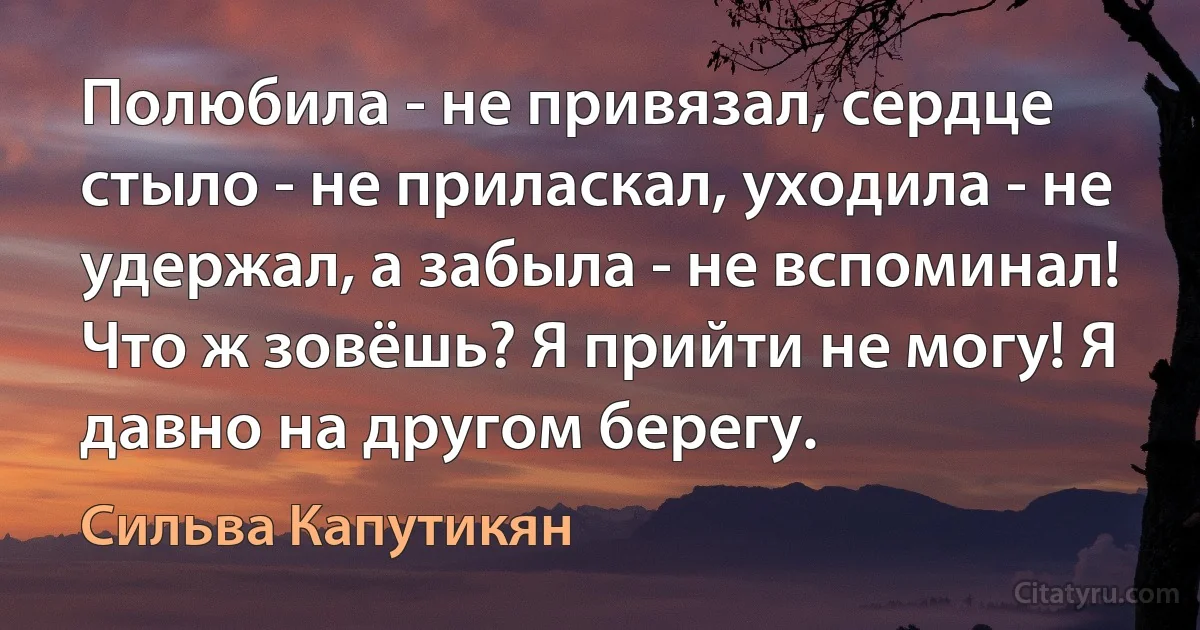 Полюбила - не привязал, сердце стыло - не приласкал, уходила - не удержал, а забыла - не вспоминал! Что ж зовёшь? Я прийти не могу! Я давно на другом берегу. (Сильва Капутикян)