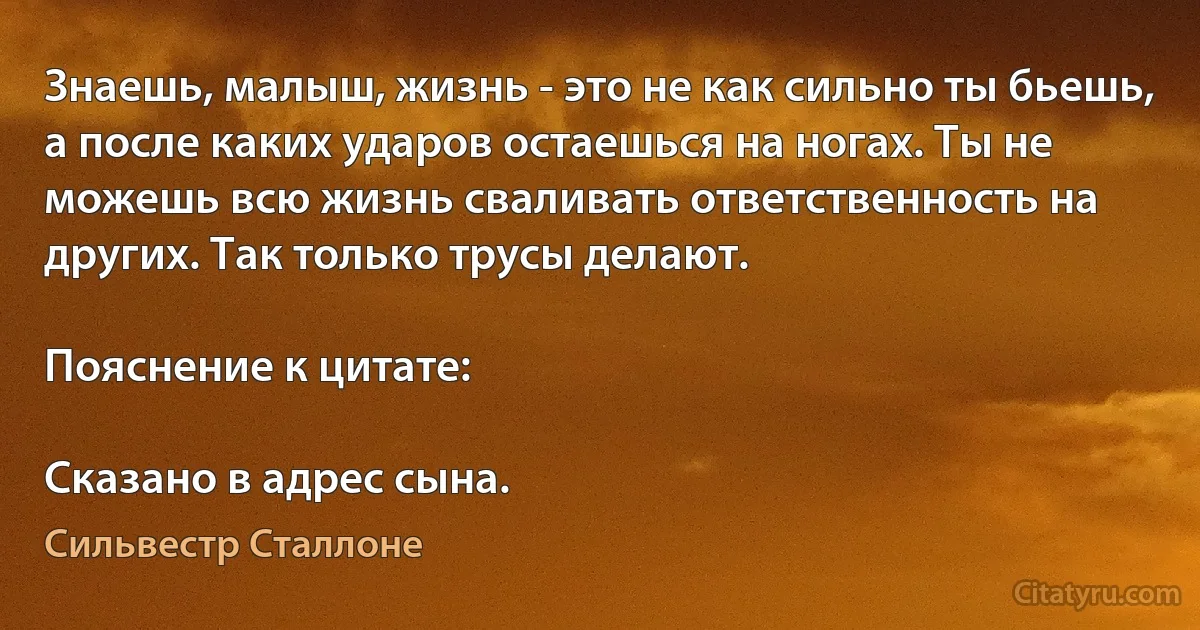 Знаешь, малыш, жизнь - это не как сильно ты бьешь, а после каких ударов остаешься на ногах. Ты не можешь всю жизнь сваливать ответственность на других. Так только трусы делают.

Пояснение к цитате:

Сказано в адрес сына. (Сильвестр Сталлоне)