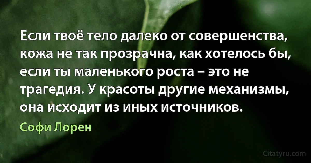 Если твоё тело далеко от совершенства, кожа не так прозрачна, как хотелось бы, если ты маленького роста – это не трагедия. У красоты другие механизмы, она исходит из иных источников. (Софи Лорен)