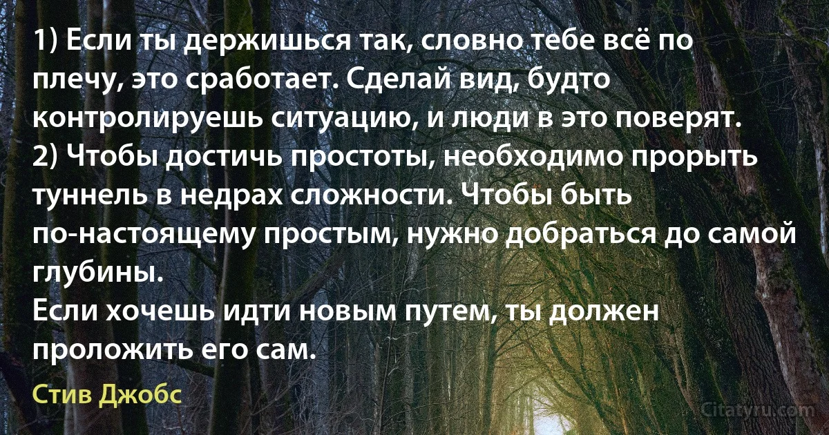 1) Если ты держишься так, словно тебе всё по плечу, это сработает. Сделай вид, будто контролируешь ситуацию, и люди в это поверят.
2) Чтобы достичь простоты, необходимо прорыть туннель в недрах сложности. Чтобы быть по-настоящему простым, нужно добраться до самой глубины.
Если хочешь идти новым путем, ты должен проложить его сам. (Стив Джобс)