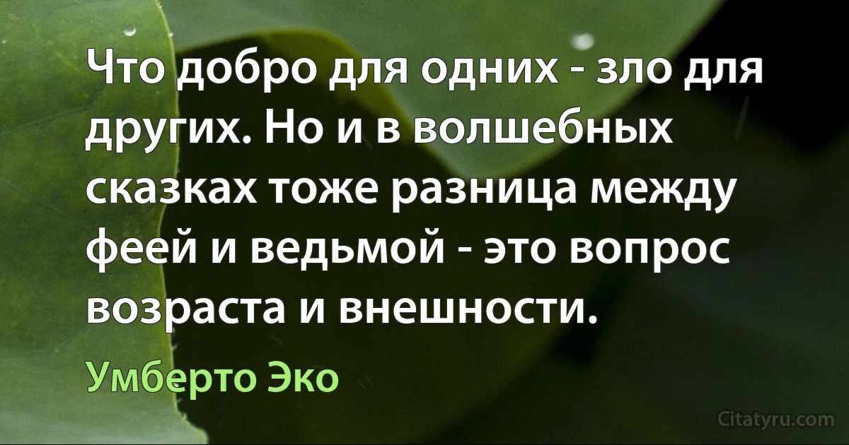 Что добро для одних - зло для других. Но и в волшебных сказках тоже разница между феей и ведьмой - это вопрос возраста и внешности. (Умберто Эко)