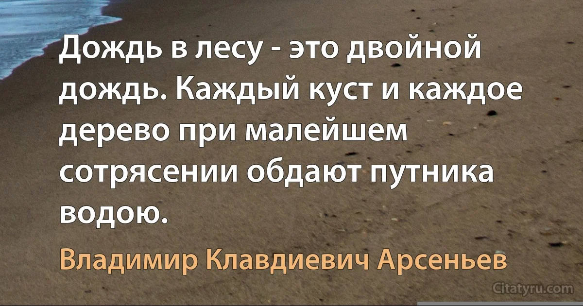 Дождь в лесу - это двойной дождь. Каждый куст и каждое дерево при малейшем сотрясении обдают путника водою. (Владимир Клавдиевич Арсеньев)