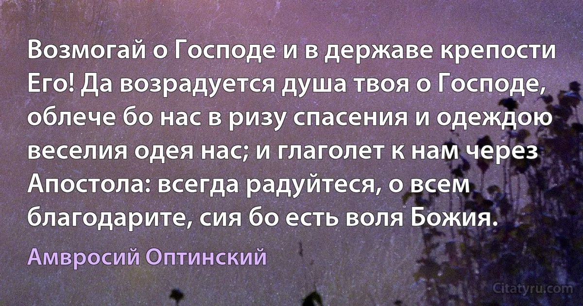 Возмогай о Господе и в державе крепости Его! Да возрадуется душа твоя о Господе, облече бо нас в ризу спасения и одеждою веселия одея нас; и глаголет к нам через Апостола: всегда радуйтеся, о всем благодарите, сия бо есть воля Божия. (Амвросий Оптинский)