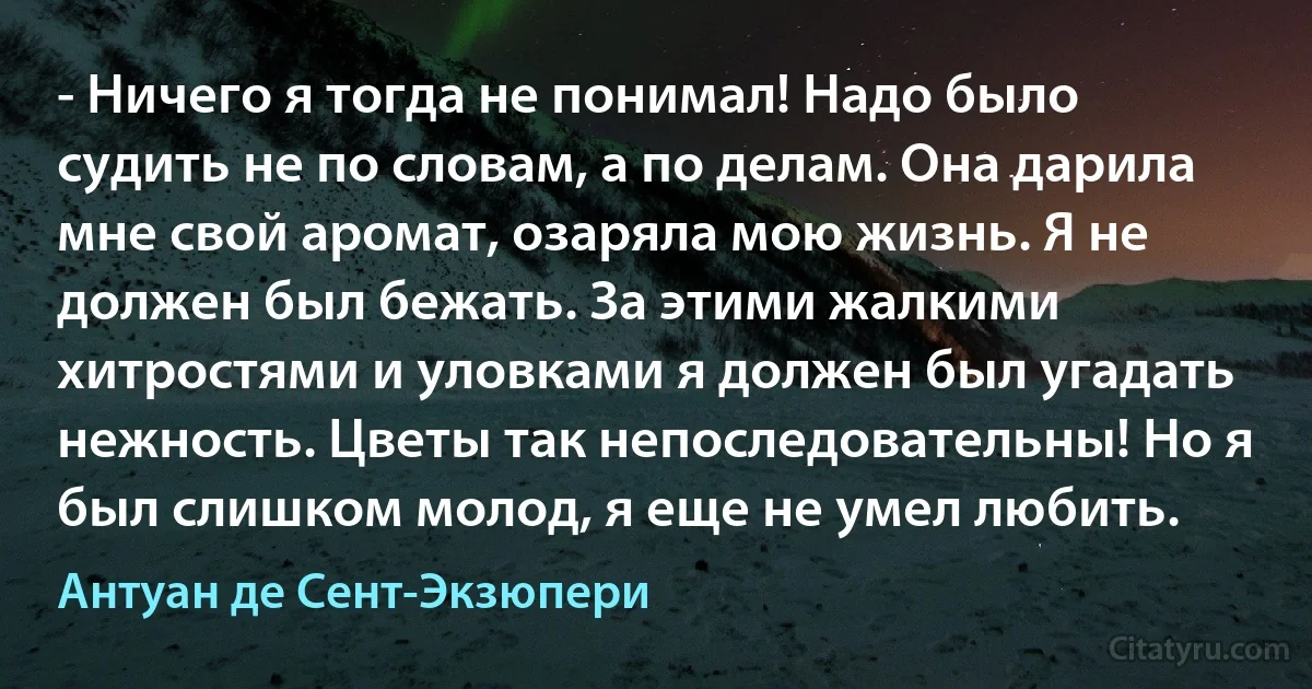 - Ничего я тогда не понимал! Надо было судить не по словам, а по делам. Она дарила мне свой аромат, озаряла мою жизнь. Я не должен был бежать. За этими жалкими хитростями и уловками я должен был угадать нежность. Цветы так непоследовательны! Но я был слишком молод, я еще не умел любить. (Антуан де Сент-Экзюпери)