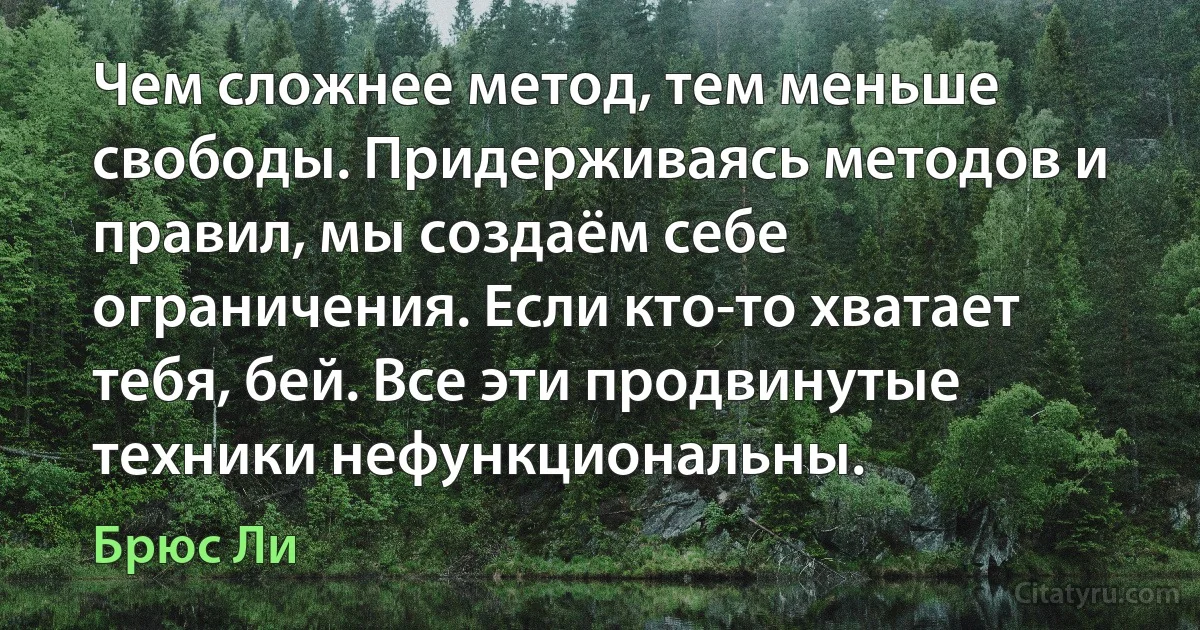 Чем сложнее метод, тем меньше свободы. Придерживаясь методов и правил, мы создаём себе ограничения. Если кто-то хватает тебя, бей. Все эти продвинутые техники нефункциональны. (Брюс Ли)