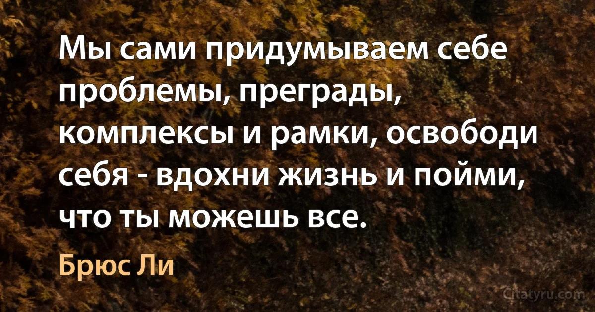 Мы сами придумываем себе проблемы, преграды, комплексы и рамки, освободи себя - вдохни жизнь и пойми, что ты можешь все. (Брюс Ли)