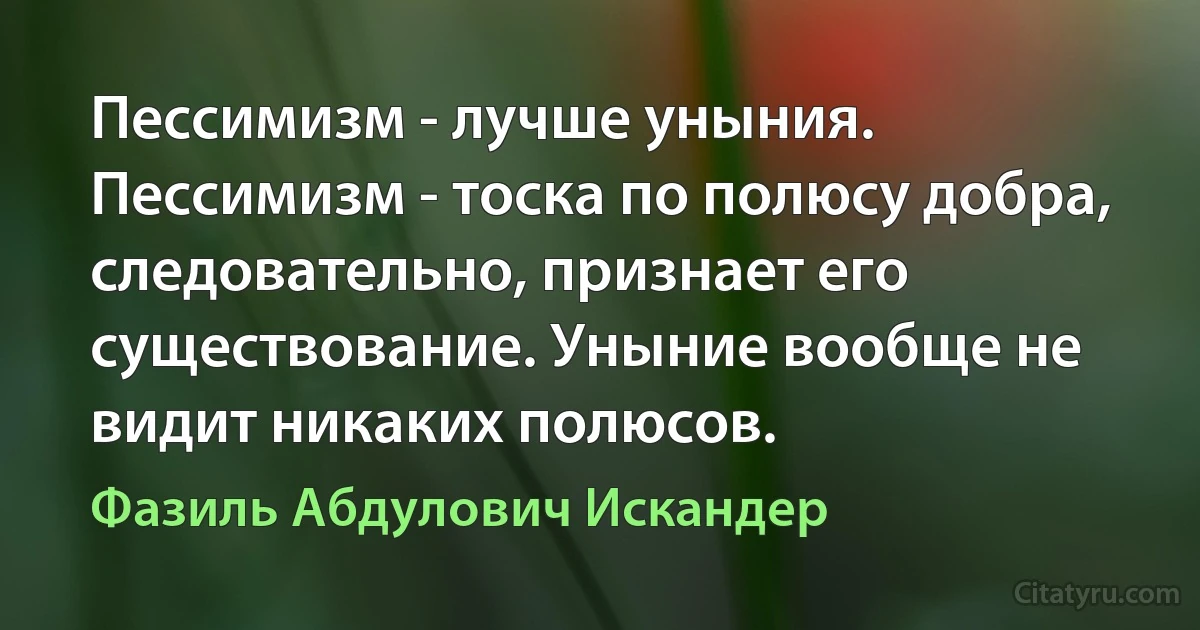 Пессимизм - лучше уныния. Пессимизм - тоска по полюсу добра, следовательно, признает его существование. Уныние вообще не видит никаких полюсов. (Фазиль Абдулович Искандер)