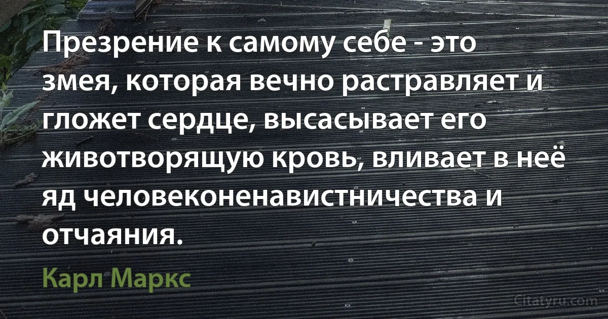 Презрение к самому себе - это змея, которая вечно растравляет и гложет сердце, высасывает его животворящую кровь, вливает в неё яд человеконенавистничества и отчаяния. (Карл Маркс)