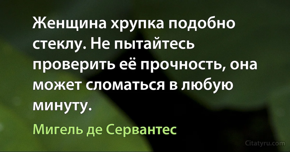 Женщина хрупка подобно стеклу. Не пытайтесь проверить её прочность, она может сломаться в любую минуту. (Мигель де Сервантес)