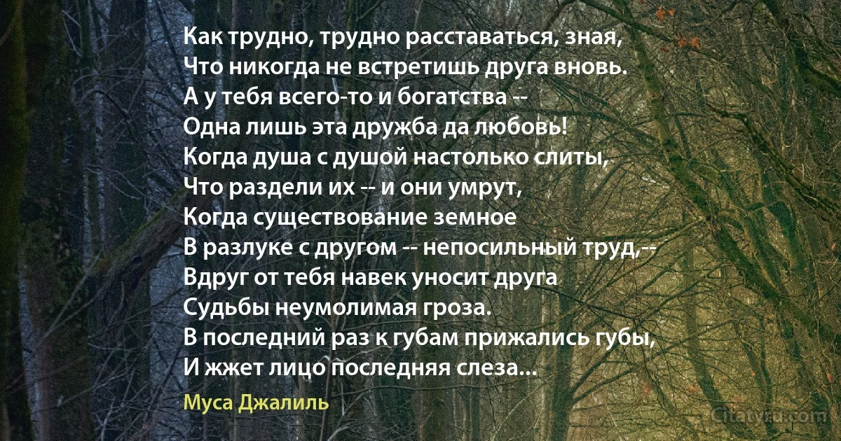 Как трудно, трудно расставаться, зная,
Что никогда не встретишь друга вновь.
А у тебя всего-то и богатства --
Одна лишь эта дружба да любовь!
Когда душа с душой настолько слиты,
Что раздели их -- и они умрут,
Когда существование земное
В разлуке с другом -- непосильный труд,--
Вдруг от тебя навек уносит друга
Судьбы неумолимая гроза.
В последний раз к губам прижались губы,
И жжет лицо последняя слеза... (Муса Джалиль)