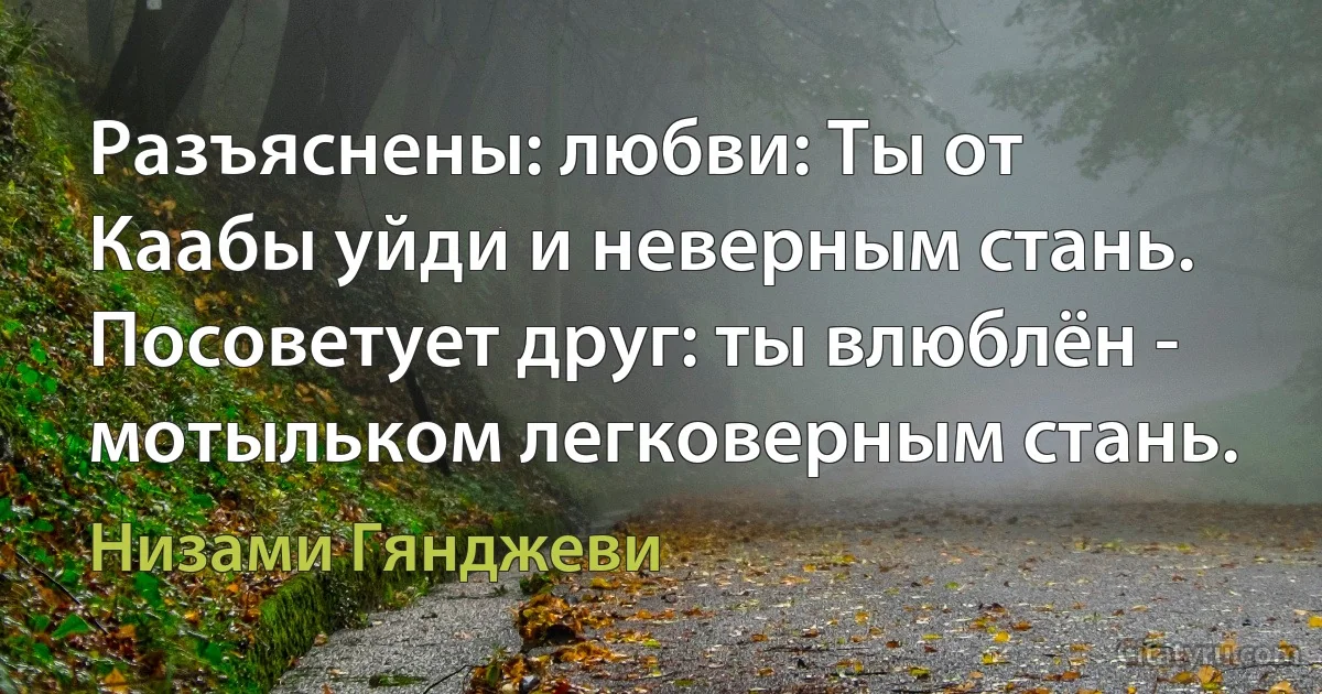 Разъяснены: любви: Ты от Каабы уйди и неверным стань.
Посоветует друг: ты влюблён - мотыльком легковерным стань. (Низами Гянджеви)