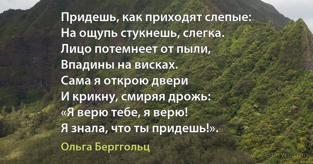 Придешь, как приходят слепые:
На ощупь стукнешь, слегка.
Лицо потемнеет от пыли,
Впадины на висках.
Сама я открою двери
И крикну, смиряя дрожь:
«Я верю тебе, я верю!
Я знала, что ты придешь!». (Ольга Берггольц)