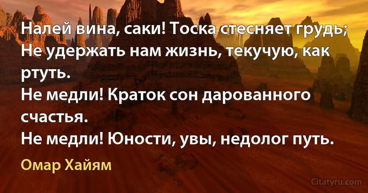 Налей вина, саки! Тоска стесняет грудь;
Не удержать нам жизнь, текучую, как ртуть.
Не медли! Краток сон дарованного счастья.
Не медли! Юности, увы, недолог путь. (Омар Хайям)