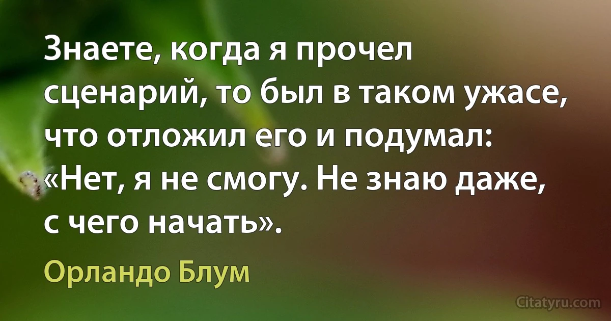 Знаете, когда я прочел сценарий, то был в таком ужасе, что отложил его и подумал: «Нет, я не смогу. Не знаю даже, с чего начать». (Орландо Блум)