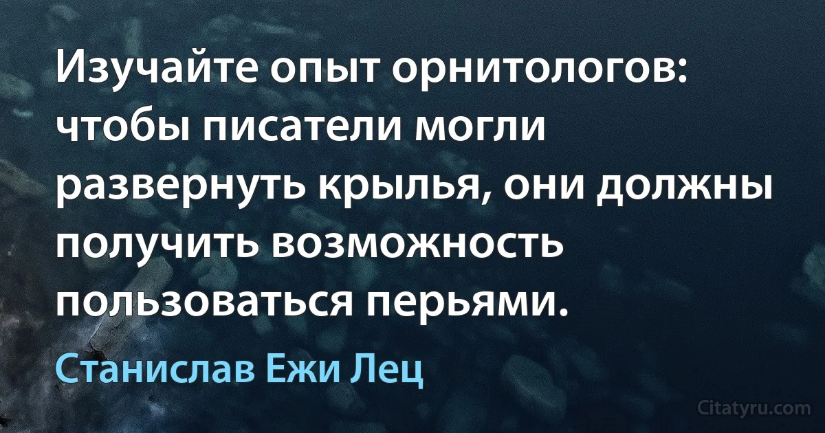 Изучайте опыт орнитологов: чтобы писатели могли развернуть крылья, они должны получить возможность пользоваться перьями. (Станислав Ежи Лец)