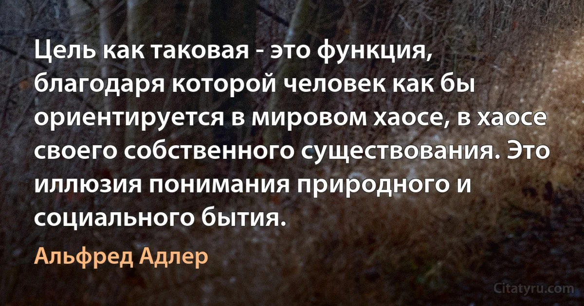 Цель как таковая - это функция, благодаря которой человек как бы ориентируется в мировом хаосе, в хаосе своего собственного существования. Это иллюзия понимания природного и социального бытия. (Альфред Адлер)