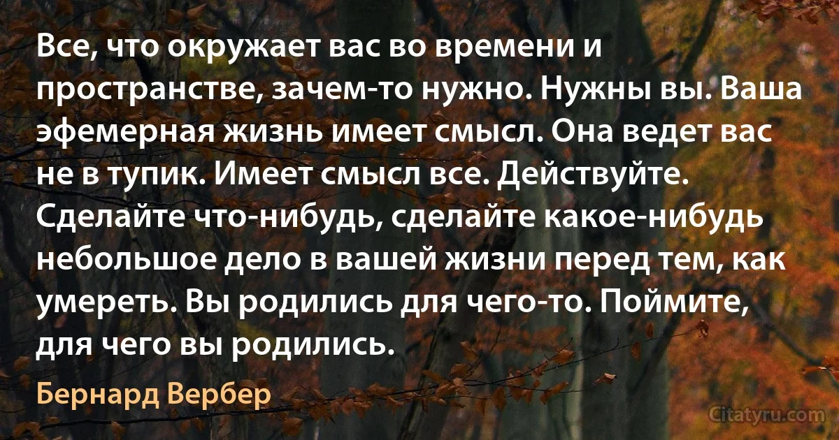 Все, что окружает вас во времени и пространстве, зачем-то нужно. Нужны вы. Ваша эфемерная жизнь имеет смысл. Она ведет вас не в тупик. Имеет смысл все. Действуйте. Сделайте что-нибудь, сделайте какое-нибудь небольшое дело в вашей жизни перед тем, как умереть. Вы родились для чего-то. Поймите, для чего вы родились. (Бернард Вербер)