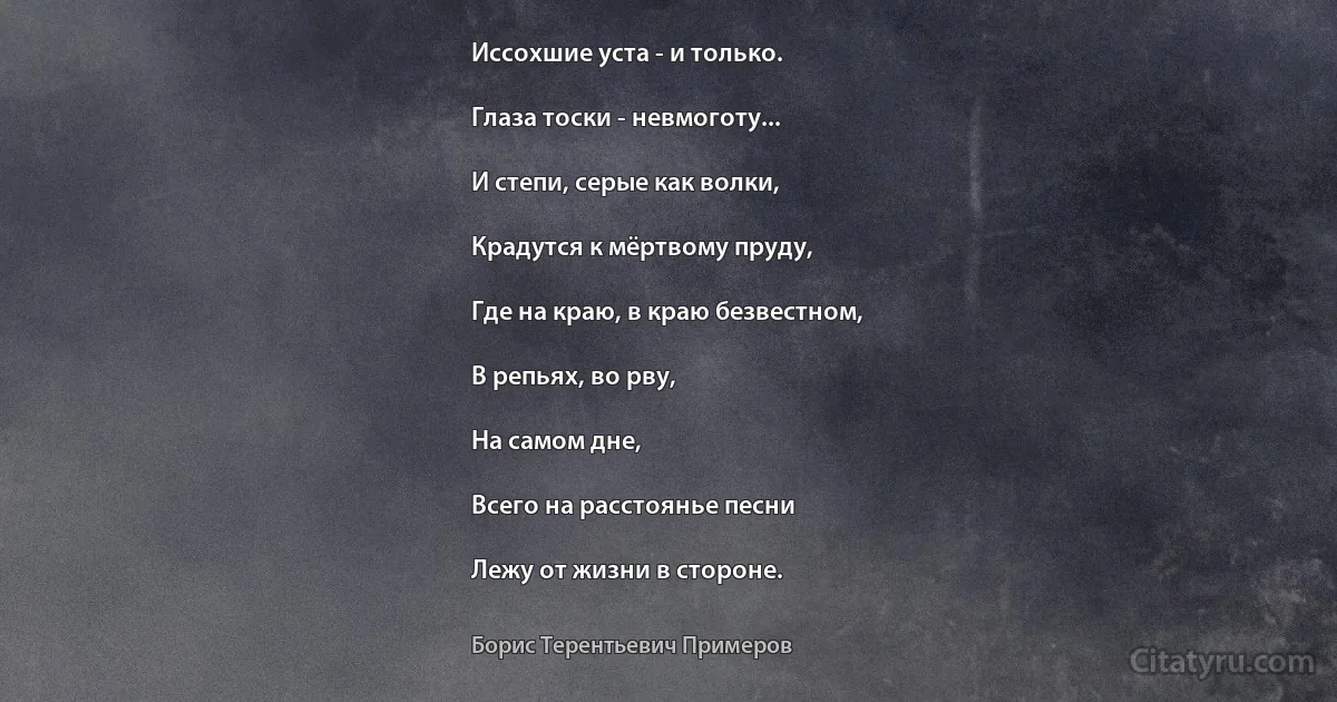 Иссохшие уста - и только.

Глаза тоски - невмоготу...

И степи, серые как волки,

Крадутся к мёртвому пруду,

Где на краю, в краю безвестном,

В репьях, во рву,

На самом дне,

Всего на расстоянье песни

Лежу от жизни в стороне. (Борис Терентьевич Примеров)