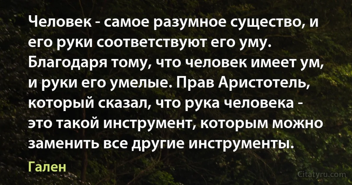 Человек - самое разумное существо, и его руки соответствуют его уму. Благодаря тому, что человек имеет ум, и руки его умелые. Прав Аристотель, который сказал, что рука человека - это такой инструмент, которым можно заменить все другие инструменты. (Гален)