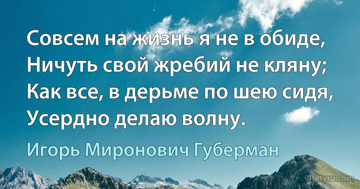 Совсем на жизнь я не в обиде,
Ничуть свой жребий не кляну;
Как все, в дерьме по шею сидя,
Усердно делаю волну. (Игорь Миронович Губерман)