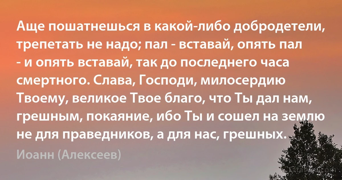 Аще пошатнешься в какой-либо добродетели, трепетать не надо; пал - вставай, опять пал - и опять вставай, так до последнего часа смертного. Слава, Господи, милосердию Твоему, великое Твое благо, что Ты дал нам, грешным, покаяние, ибо Ты и сошел на землю не для праведников, а для нас, грешных. (Иоанн (Алексеев))