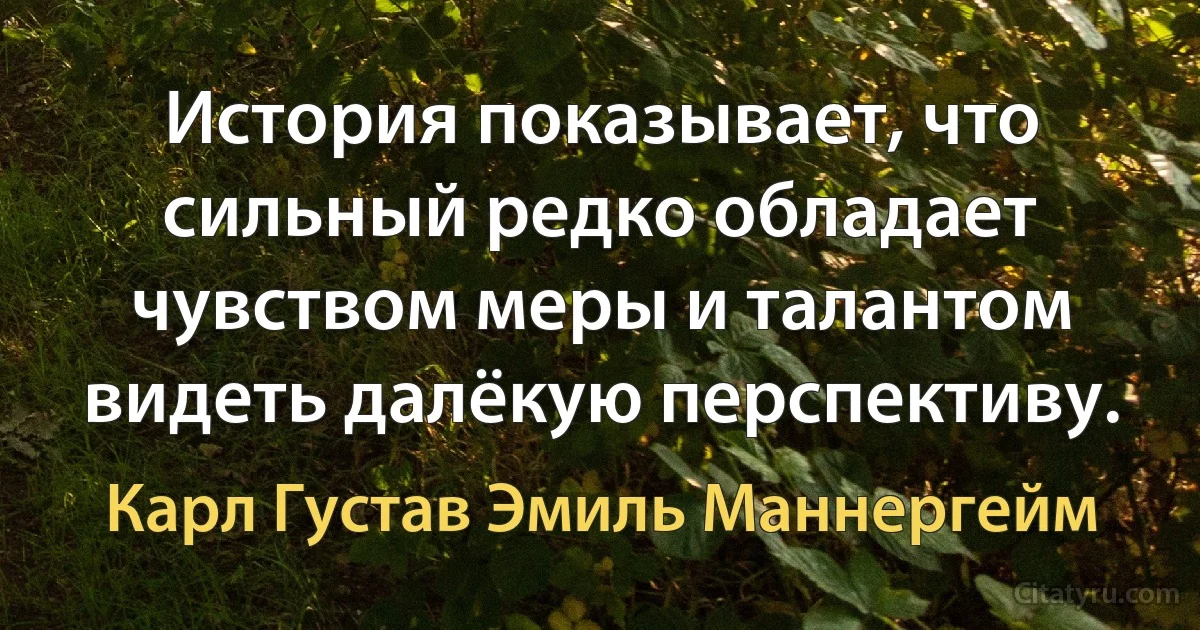 История показывает, что сильный редко обладает чувством меры и талантом видеть далёкую перспективу. (Карл Густав Эмиль Маннергейм)