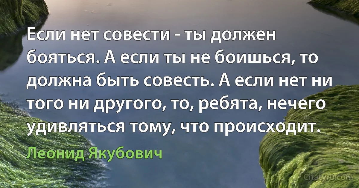 Если нет совести - ты должен бояться. А если ты не боишься, то должна быть совесть. А если нет ни того ни другого, то, ребята, нечего удивляться тому, что происходит. (Леонид Якубович)