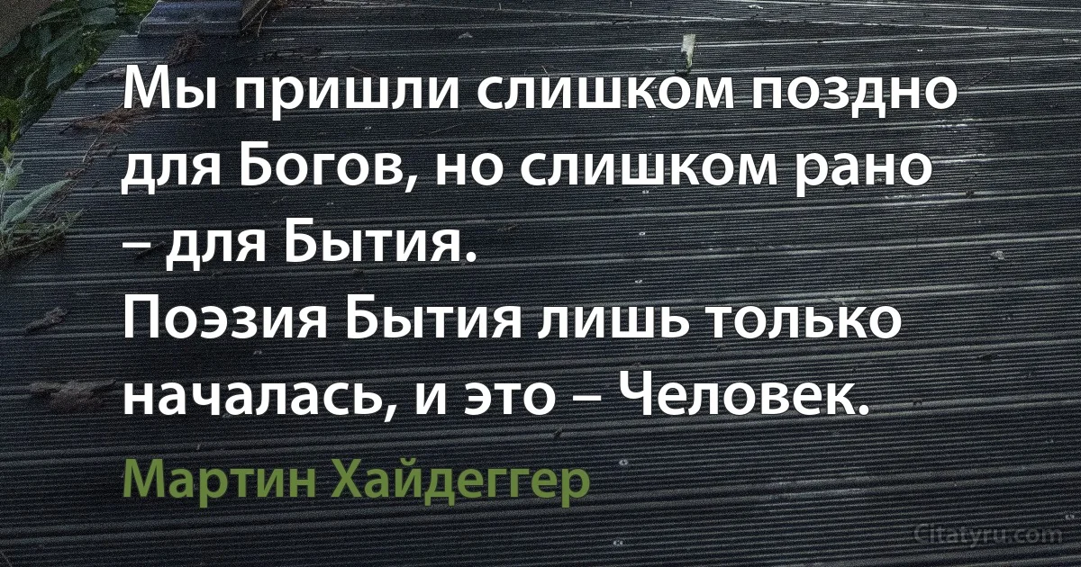 Мы пришли слишком поздно для Богов, но слишком рано – для Бытия.
Поэзия Бытия лишь только началась, и это – Человек. (Мартин Хайдеггер)