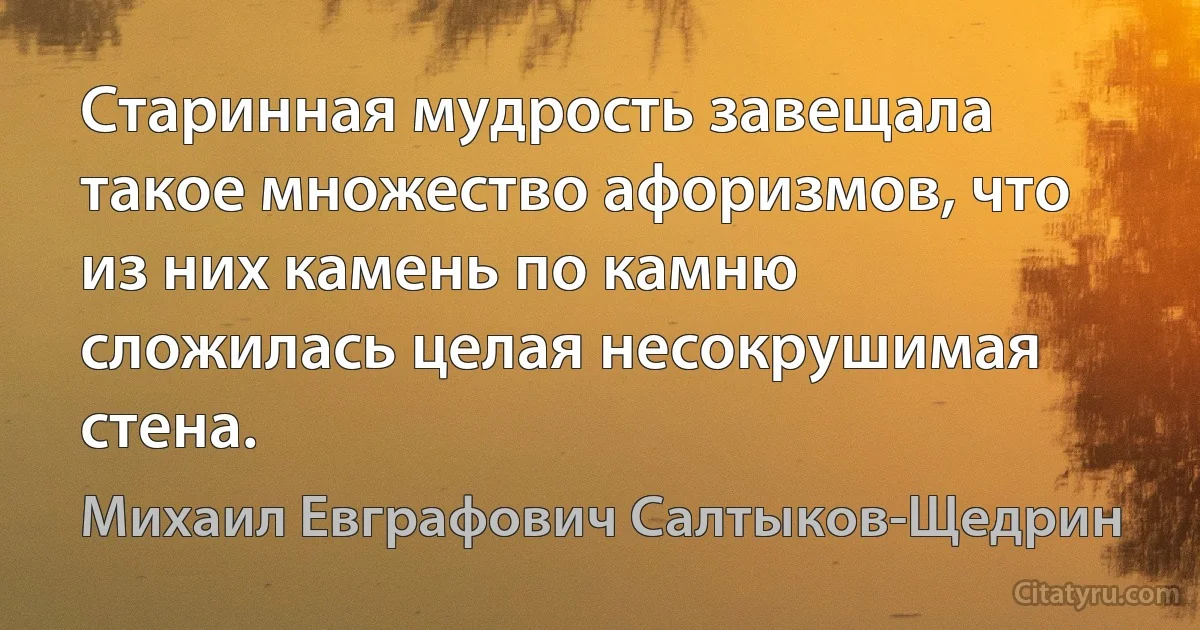 Старинная мудрость завещала такое множество афоризмов, что из них камень по камню сложилась целая несокрушимая стена. (Михаил Евграфович Салтыков-Щедрин)