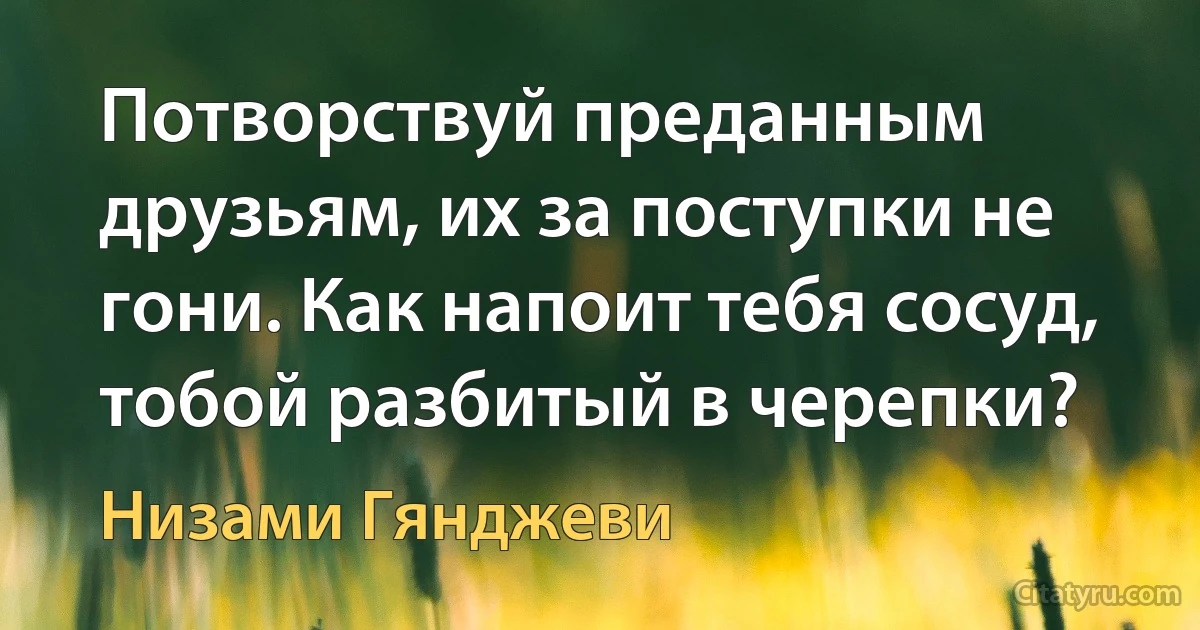 Потворствуй преданным друзьям, их за поступки не гони. Как напоит тебя сосуд, тобой разбитый в черепки? (Низами Гянджеви)