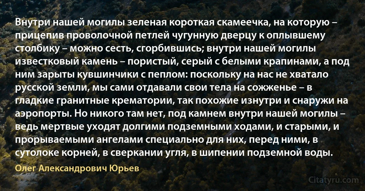 Внутри нашей могилы зеленая короткая скамеечка, на которую – прицепив проволочной петлей чугунную дверцу к оплывшему столбику – можно сесть, сгорбившись; внутри нашей могилы известковый камень – пористый, серый с белыми крапинами, а под ним зарыты кувшинчики с пеплом: поскольку на нас не хватало русской земли, мы сами отдавали свои тела на сожженье – в гладкие гранитные крематории, так похожие изнутри и снаружи на аэропорты. Но никого там нет, под камнем внутри нашей могилы – ведь мертвые уходят долгими подземными ходами, и старыми, и прорываемыми ангелами специально для них, перед ними, в сутолоке корней, в сверкании угля, в шипении подземной воды. (Олег Александрович Юрьев)