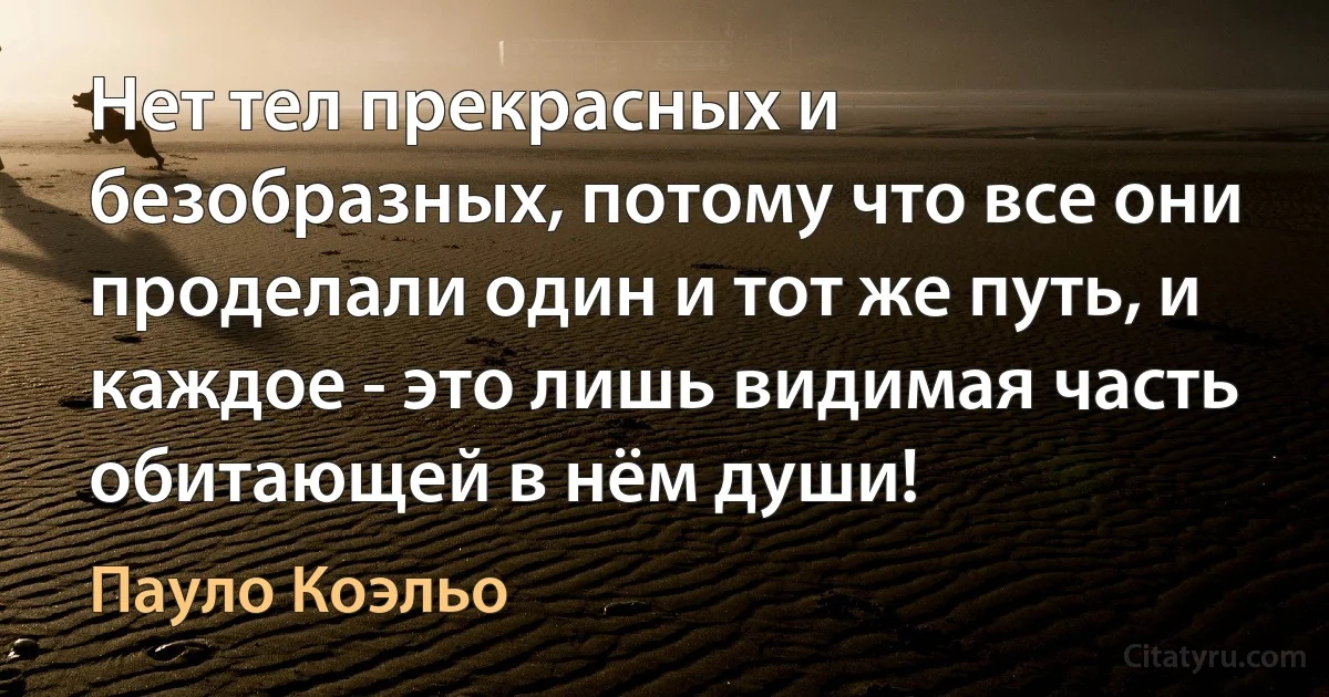 Нет тел прекрасных и безобразных, потому что все они проделали один и тот же путь, и каждое - это лишь видимая часть обитающей в нём души! (Пауло Коэльо)