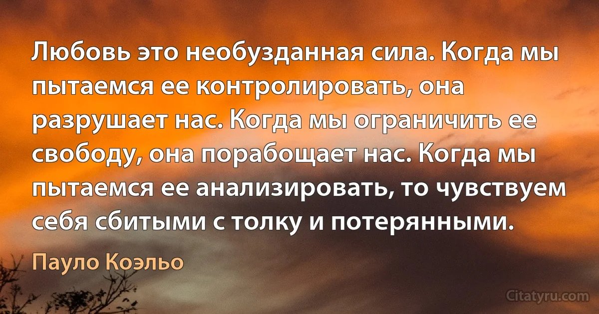 Любовь это необузданная сила. Когда мы пытаемся ее контролировать, она разрушает нас. Когда мы ограничить ее свободу, она порабощает нас. Когда мы пытаемся ее анализировать, то чувствуем себя сбитыми с толку и потерянными. (Пауло Коэльо)