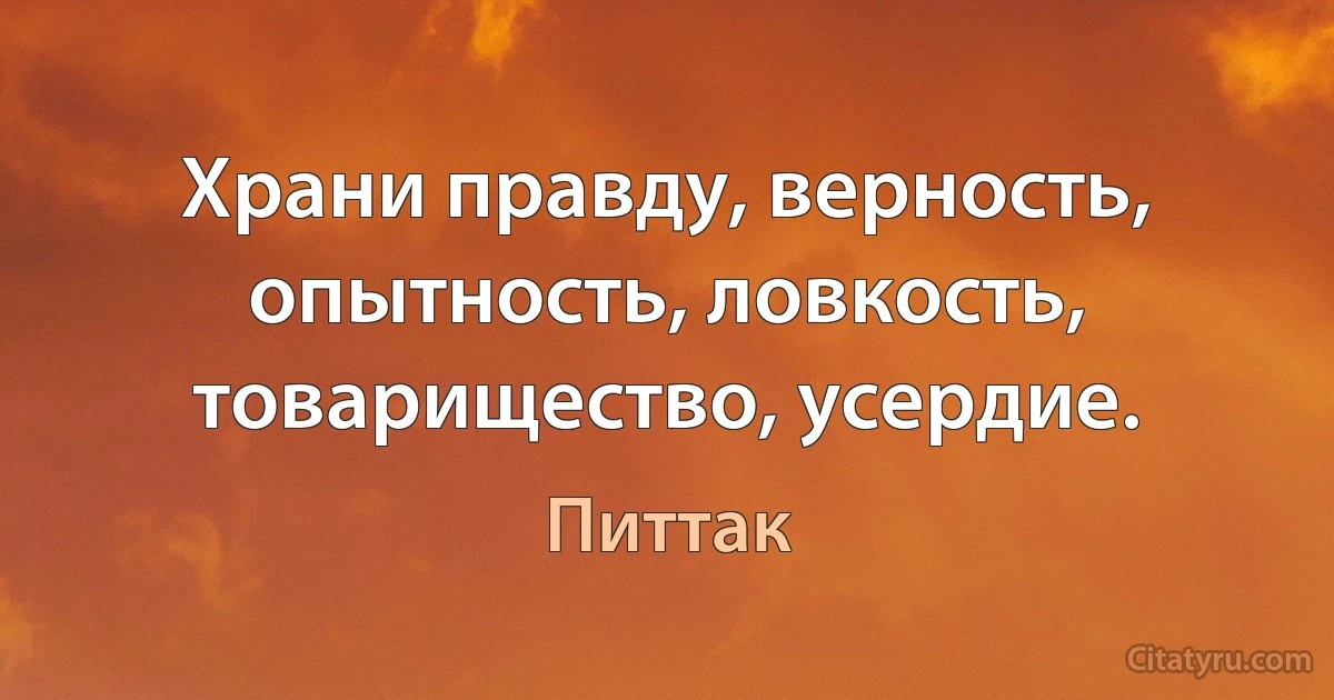 Храни правду, верность, опытность, ловкость, товарищество, усердие. (Питтак)