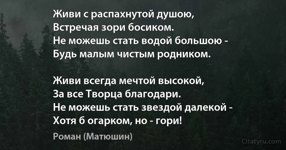 Живи с распахнутой душою,
Встречая зори босиком.
Не можешь стать водой большою -
Будь малым чистым родником.

Живи всегда мечтой высокой,
За все Творца благодари.
Не можешь стать звездой далекой -
Хотя б огарком, но - гори! (Роман (Матюшин))