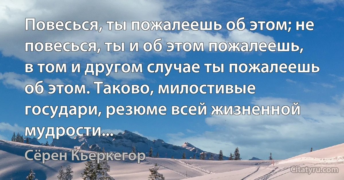 Повесься, ты пожалеешь об этом; не повесься, ты и об этом пожалеешь, в том и другом случае ты пожалеешь об этом. Таково, милостивые государи, резюме всей жизненной мудрости... (Сёрен Кьеркегор)