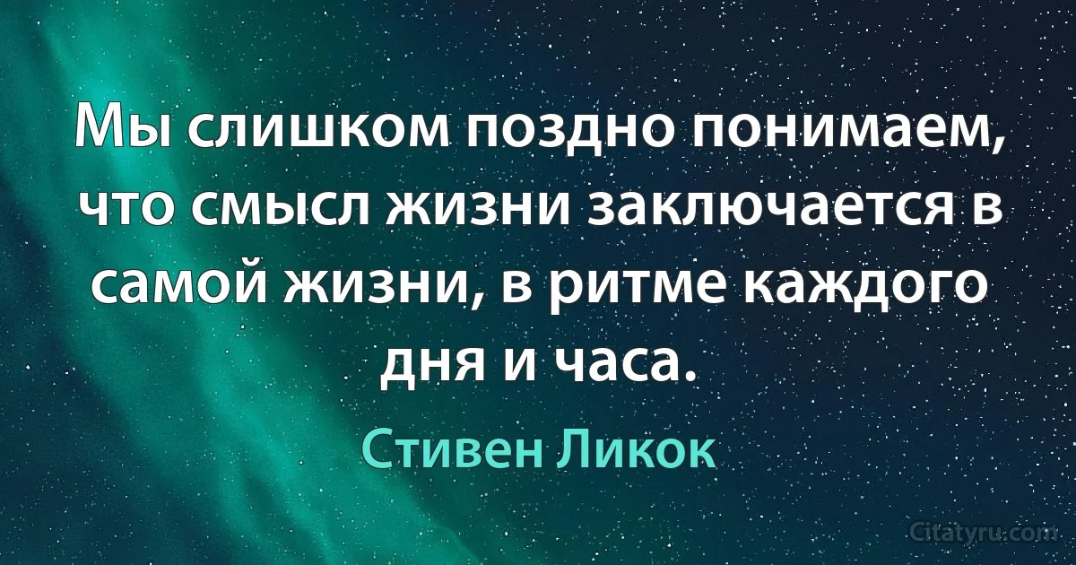 Мы слишком поздно понимаем, что смысл жизни заключается в самой жизни, в ритме каждого дня и часа. (Стивен Ликок)