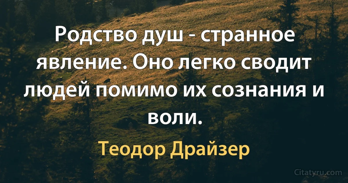 Родство душ - странное явление. Оно легко сводит людей помимо их сознания и воли. (Теодор Драйзер)