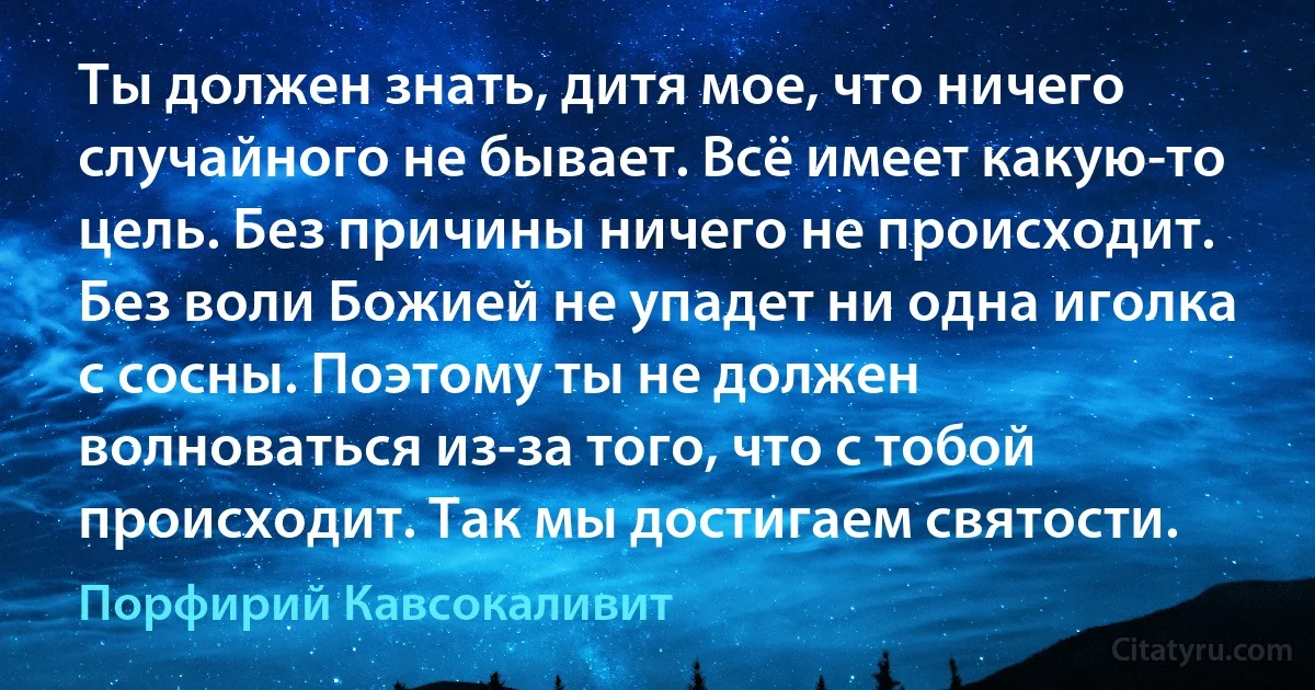 Ты должен знать, дитя мое, что ничего случайного не бывает. Всё имеет какую-то цель. Без причины ничего не происходит. Без воли Божией не упадет ни одна иголка с сосны. Поэтому ты не должен волноваться из-за того, что с тобой происходит. Так мы достигаем святости. (Порфирий Кавсокаливит)